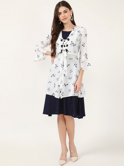 

V2 Value & Variety White & Blue Floral A-Line Dress