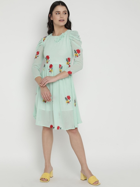 

V2 Value & Variety Green Floral Embroidered A-Line Dress