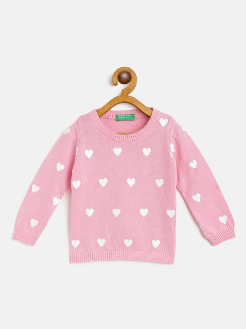 

United Colors of Benetton Girls Pink & White Heart Printed Cotton Pullover