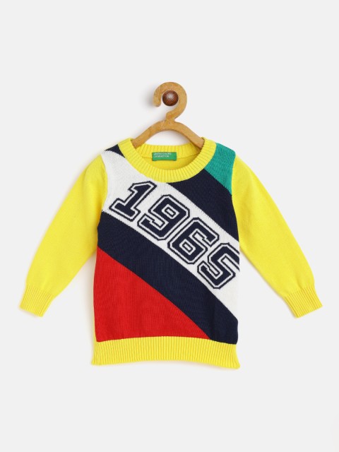 

United Colors of Benetton Boys Yellow & Navy Blue Striped Cotton Pullover