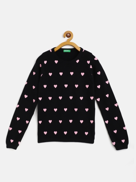 

United Colors of Benetton Girls Black & Pink Heart Printed Cotton Pullover