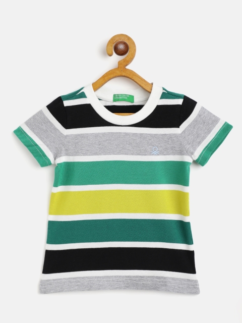

United Colors of Benetton Boys Green Grey Melange Striped Cotton Pure Cotton T-shirt