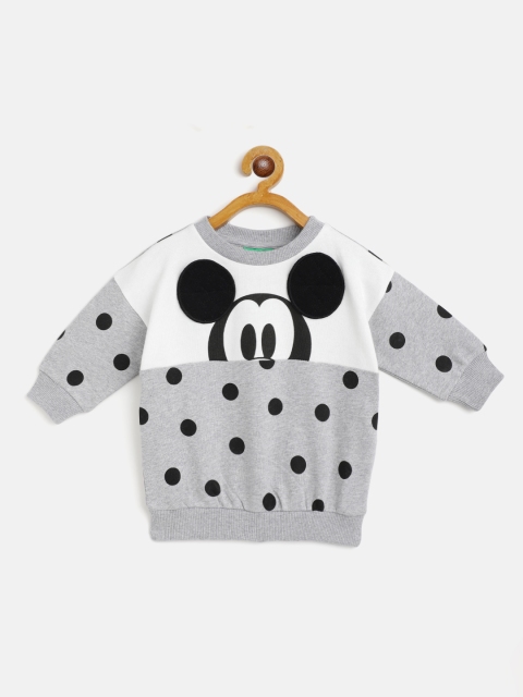 

United Colors of Benetton Girls Grey Melange & Black Mickey Mouse Cotton Sweatshirt