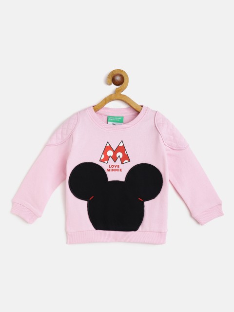 United Colors of Benetton Girls Pink & Black Cotton Minnie Mouse Applique Sweatshirt