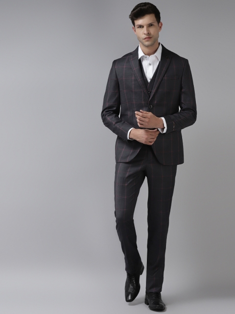 

Blackberrys Men Charcoal Grey & Pink Checked Slim Fit Single-Breasted 3-piece Suit