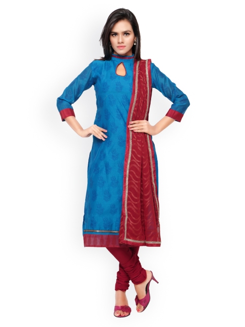 

Touch Trends Blue & Red Printed Chanderi Silk Unstitched Dress Material