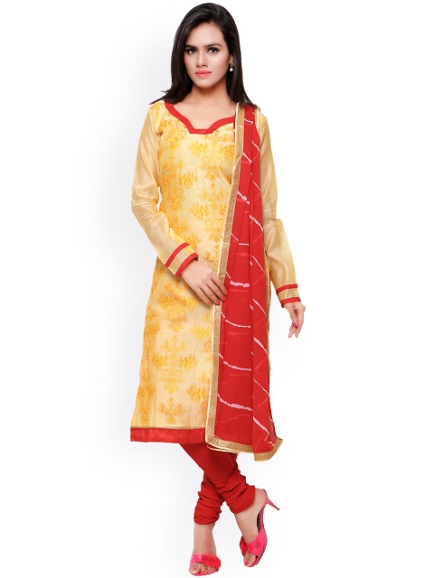

Touch Trends Yellow & Red Embroidered Chanderi Silk Unstitched Dress Material