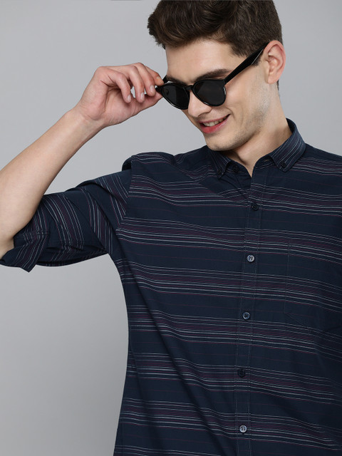

Mast & Harbour Men Navy Blue Slim Fit Striped Pure Cotton Casual Shirt