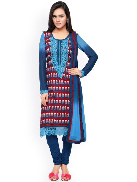 

Touch Trends Blue & Red Printed Chanderi Cotton Unstitched Dress Material