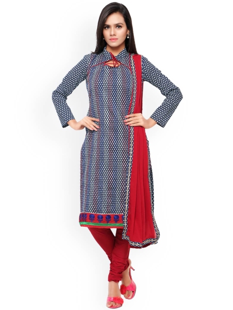 

Touch Trends Blue & Red Printed Chanderi Cotton Unstitched Dress Material