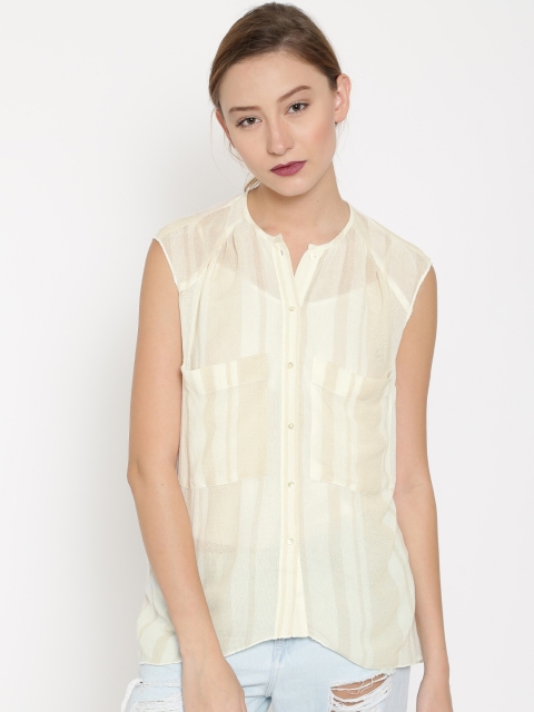 

MANGO Women Off-White & Beige Striped Shirt-Style Top