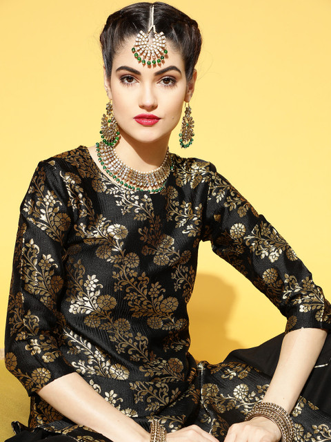 

AHIKA Women Black & Gold-Toned Ethnic Motifs Woven Design Pure Cotton Kurta with Skirt