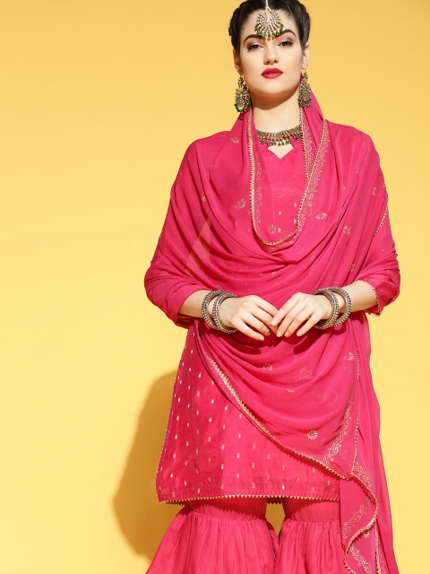 

AHIKA Women Pink Woven Design Gotta Patti Pure Cotton Kurta with Sharara & With Dupatta