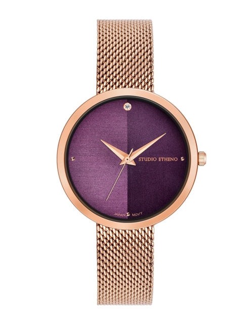 

STUDIO ETHENO Women Purple Brass Dial & Steel Toned Stainless Steel Bracelet Style Straps Analogue Watch