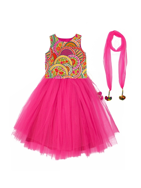 

A T U N Girls Fuchsia & Yellow Embroidered Thread Work Ready to Wear Lehenga & Blouse With Dupatta