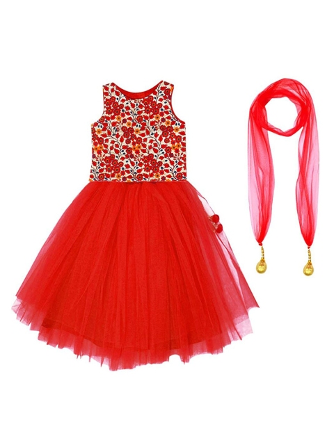 

A T U N Girls Red Embroidered Ready to Wear Lehenga & Blouse With Dupatta