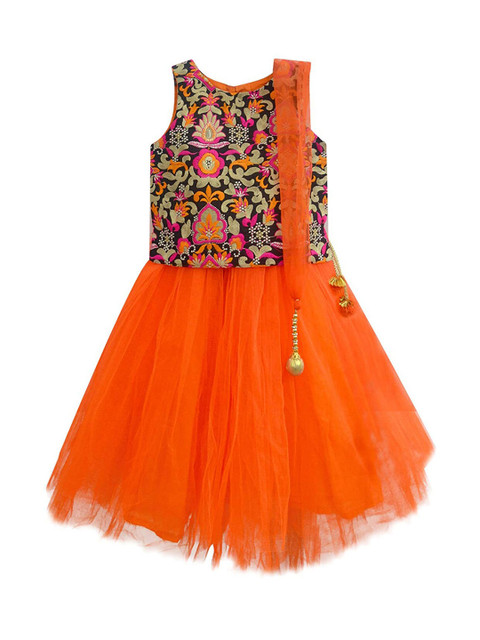 

A T U N Girls Orange & Navy Blue Embroidered Ready to Wear Lehenga Choli