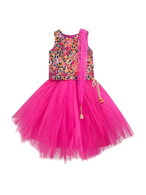 

A T U N Girls Fuchsia & Off White Embroidered Ready to Wear Lehenga & Blouse With Dupatta