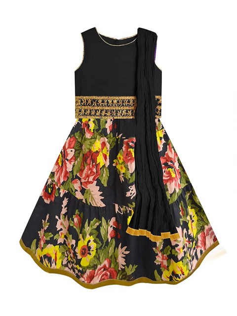 

A T U N Girls Black & Red Embroidered Ready to Wear Lehenga & Blouse With Dupatta