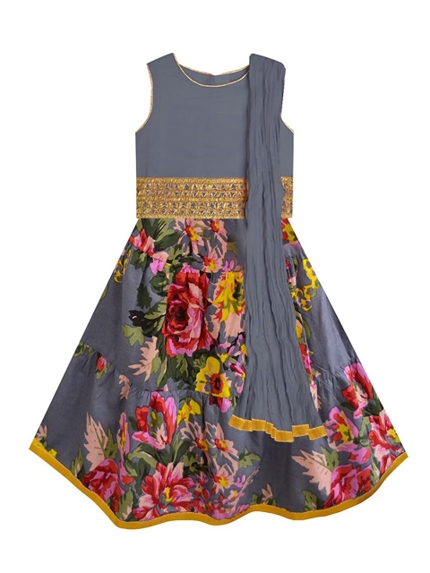 

A T U N Girls Grey & Pink Ready to Wear Lehenga & Blouse With Dupatta