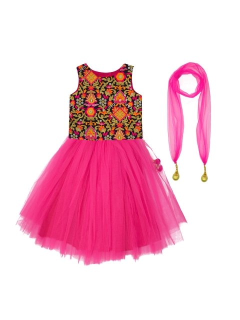 

A T U N Girls Fuchsia & Orange Embroidered Thread Work Ready to Wear Lehenga & Blouse With Dupatta