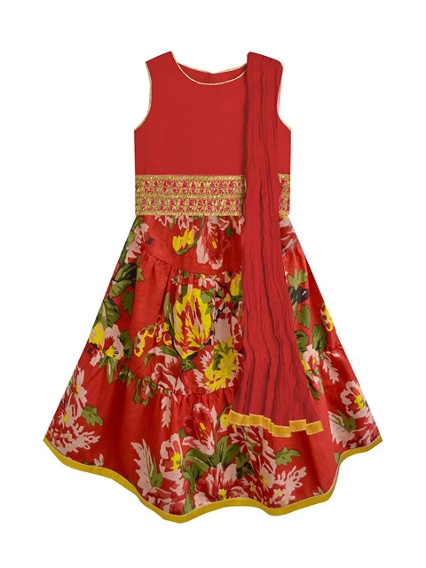 

A T U N Girls Red & Yellow Ready to Wear Lehenga & Blouse With Dupatta