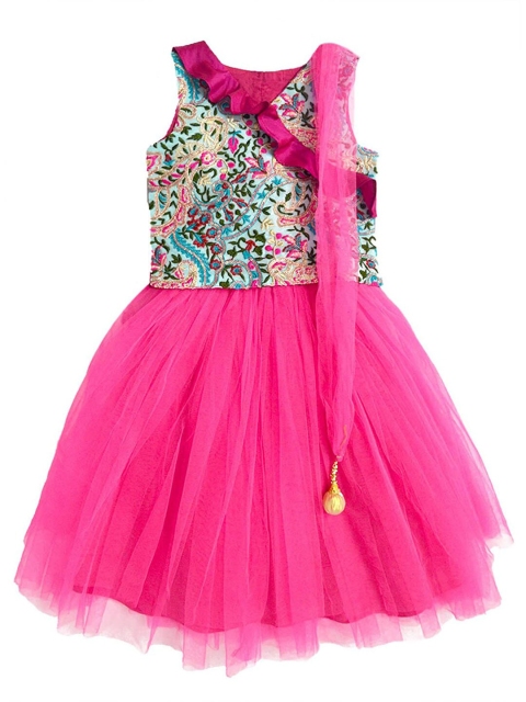 

A T U N Girls Fuchsia & Blue Embroidered Lehenga & Blouse With Dupatta