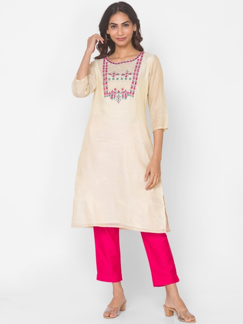 

Ethnicity Women Gold-Toned Ethnic Motifs Embroidered Thread Work Kurta