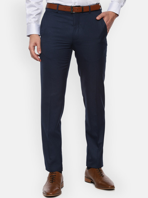 

Van Heusen Men Navy Blue Textured Slim Fit Formal Trousers