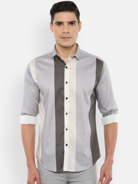 

V Dot Men Grey & Cream Coloured Slim Fit Opaque Striped Casual Shirt