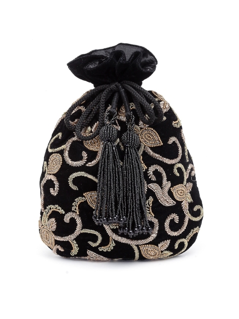 

PRACCESSORII Black & Gold-Toned Embroidered Potli Clutch