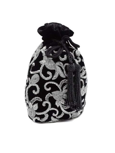 

PRACCESSORII Black & Silver-Toned Embellished Potli Clutch