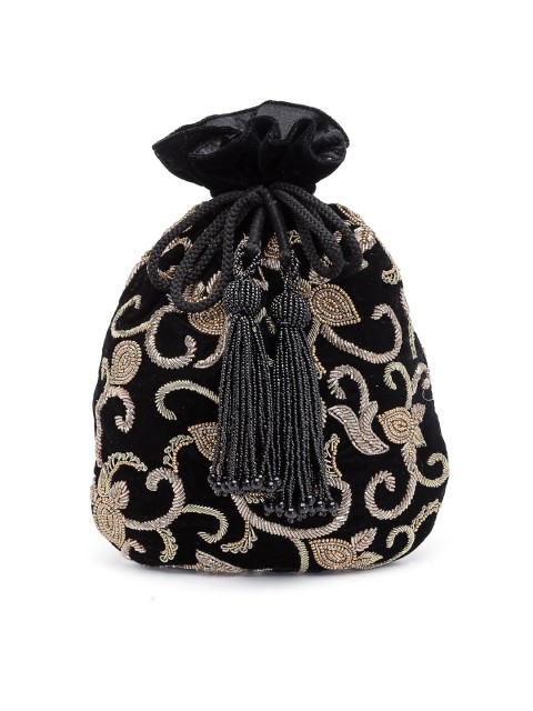 

PRACCESSORII Black & Gold-Toned Embroidered Potli Clutch