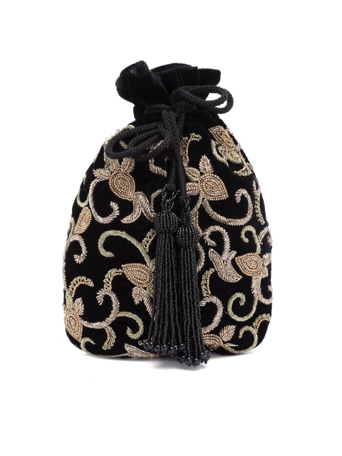 

PRACCESSORII Black & Gold-Toned Embroidered Potli Clutch