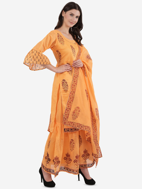 

Ashnaina Women Mustard & Red Printed Kurta with Sharara and Dupatta