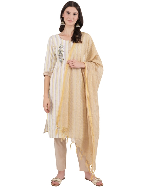 

Ashnaina Women Off White Striped Regular Kurta with Trousers & With Dupatta