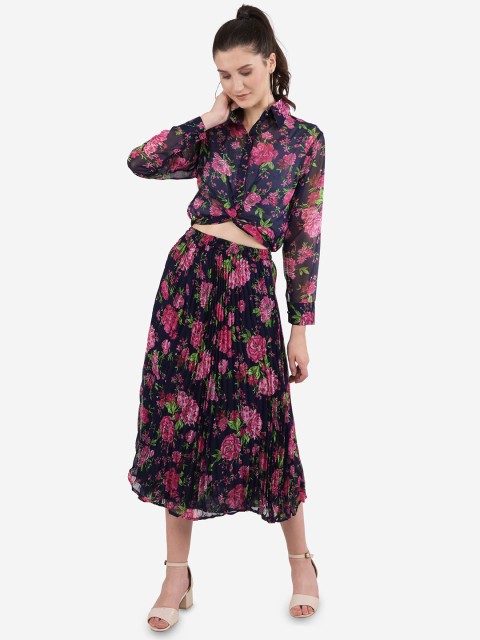

Ashnaina Women Navy Blue & Fuchsia Floral Printed Top With Pleated Skirt