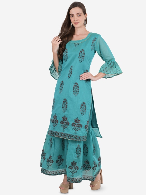 

Ashnaina Women Sea Green & Maroon Ethnic Motifs Printed Kurta with Sharara & With Dupatta