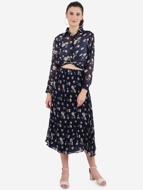 

Ashnaina Women Navy Blue & White Printed Shirt with Accordion Pleated Skirt