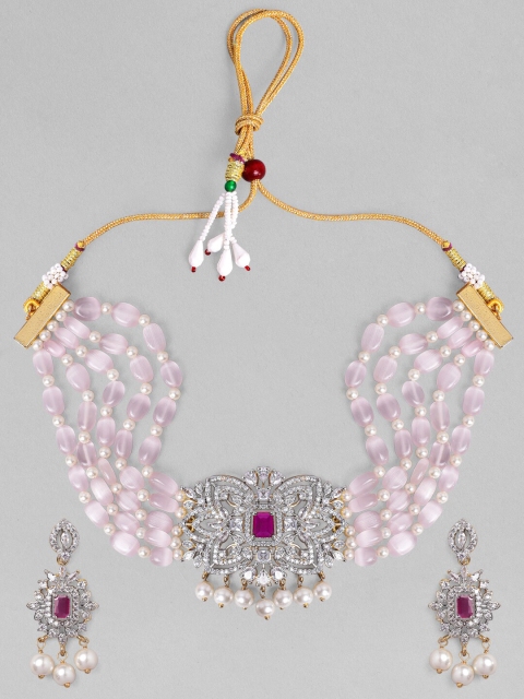 

Rubans Gold-Plated Lavender & White CZ-Studded Beaded Jewellery Set