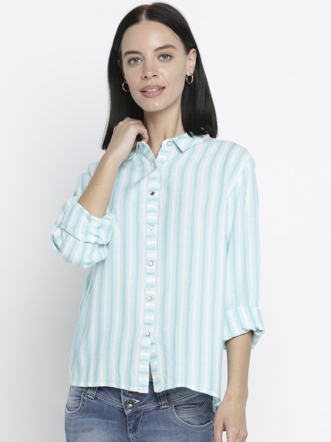 

Pepe Jeans Women Green & White Opaque Vertical Striped Pure Cotton Casual Shirt