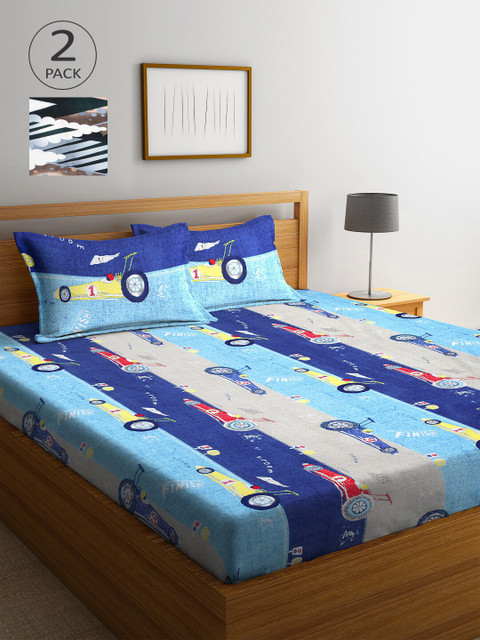 

Arrabi Blue & Grey Graphic 300 TC 2 King Bedsheet with 4 Pillow Covers