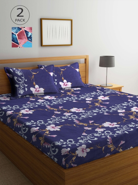 

Arrabi Set Of 2 300TC King Bedsheets with 4 Pillow Covers, Blue