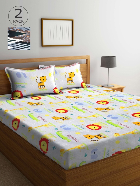 

Arrabi Set Of 2 Blue & White Graphic 300 TC King Bedsheet With 4 Pillow Covers