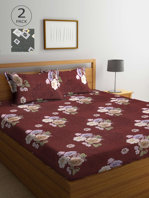 

Arrabi Grey & Maroon Floral 300 TC 2 King Bedsheet with 4 Pillow Covers