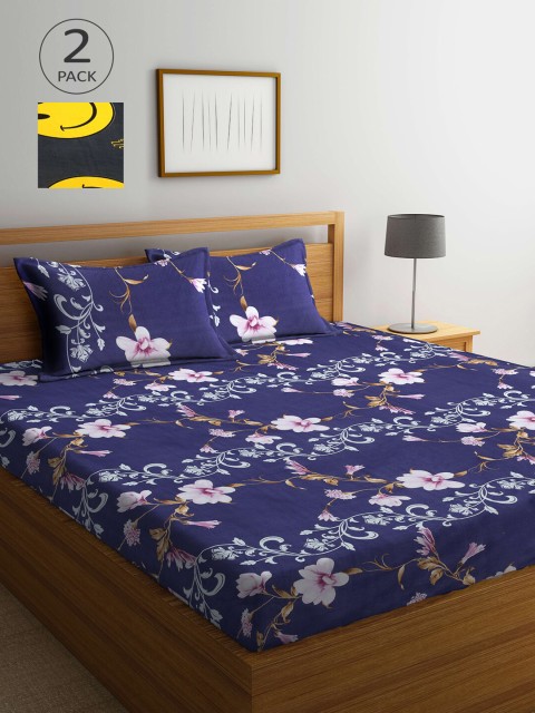 

Arrabi Pack Of 2 Printed 300 TC King 2 Bedsheets with 4 Pillow Covers, Black
