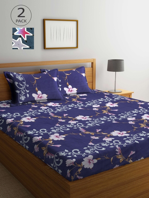 

Arrabi Navy Blue & Teal Printed 300 TC Pack Of 2 King Bedsheet With Pillow Covers Set