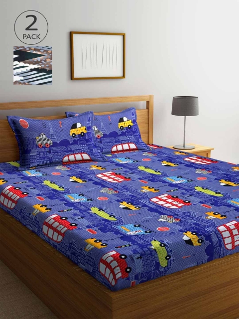 

Arrabi Pack Of 2 Blue & Green Graphic 300 TC 2 King Bedsheet with 4 Pillow Covers