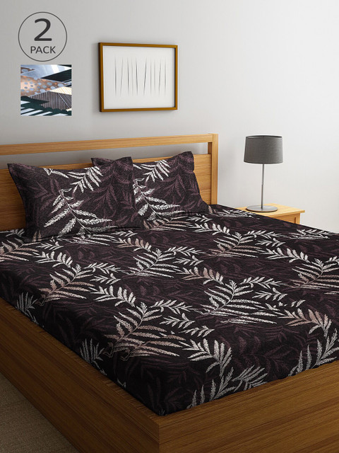 

Arrabi Set Of 2 Brown & Grey Printed 300 TC King Bedsheet With 4 Pillow Covers
