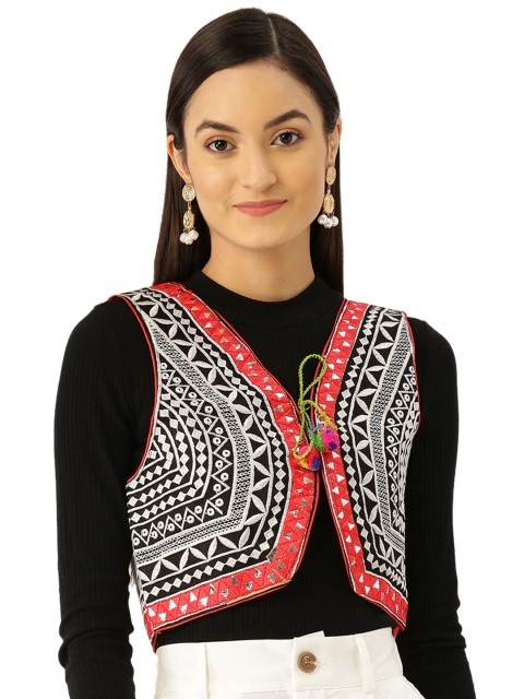 

Vastraa Fusion Women Black & White Embroidered Cotton Shrug
